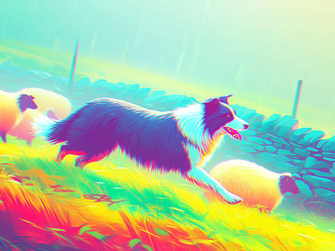 Radiant Motion Through Golden Fields - A Border Collie bounds through vibrant pastures in this electrifying neon-infused landscape.
