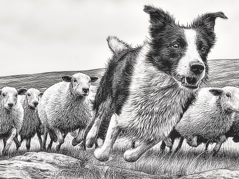 Guardian of the Flock - A masterful pen-and-ink portrait capturing a Border Collie's noble vigilance over grazing sheep in sweeping pastoral hills.