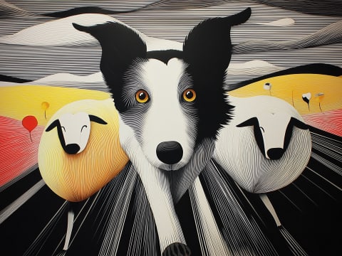 Guardian of the Pastoral Plains - A striking border collie rendered in dramatic line work emerges from a sweeping landscape of golden fields and crimson horizons.