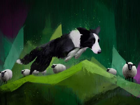 Guardian's Leap Through Pastoral Dreams - A Border Collie soars through an abstract mountainous landscape, commanding a flock with athletic grace and instinctive purpose.