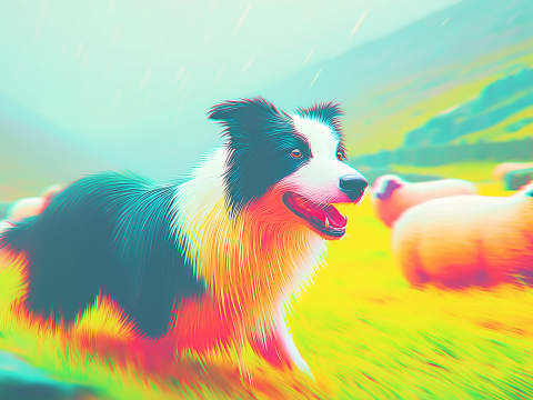 Velocity: Border Collie in Motion - A dynamic Border Collie captured mid-stride in vibrant neon gradients, radiating pure kinetic energy across a sun-drenched pastoral landscape.