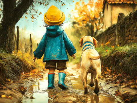 Autumn Companions on Country Lane - A child and golden retriever walk together through a sunlit autumn path lined with falling leaves and rustic stone walls.