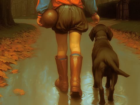 Autumn Walk with Faithful Companion - A heartwarming portrayal of companionship as a child and their chocolate Labrador traverse a puddle-strewn autumn path.