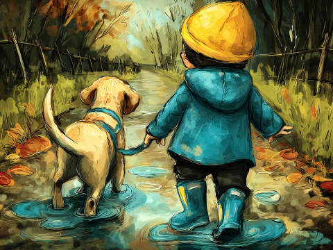 Golden Afternoon Wanderers - A child in teal wellies and their chocolate Labrador venture down an autumn lane dappled in golden light and rustic hues.