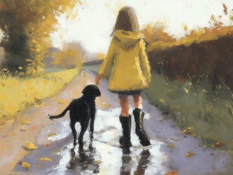 Golden Autumn Companion - A woman in a yellow coat walks with a black dog along a wet country path on an autumn day.