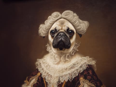 Regal Pug Portrait - A pug wearing an ornate powdered wig and elaborate Renaissance-era collar against a warm, classical backdrop.