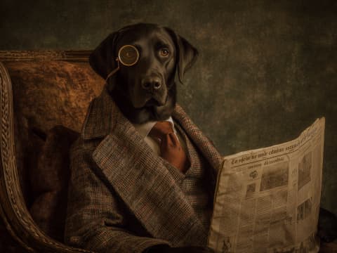 Distinguished Morning Ritual - A chocolate Labrador in Victorian gentleman attire reads the morning paper with scholarly refinement