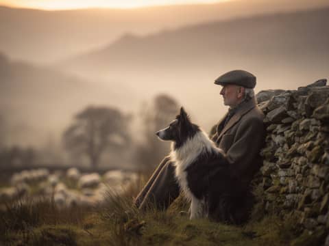 Shepherd's Vigil at Dawn - A timeless portrait of companionship between shepherd and Border Collie amid misty highland hills.