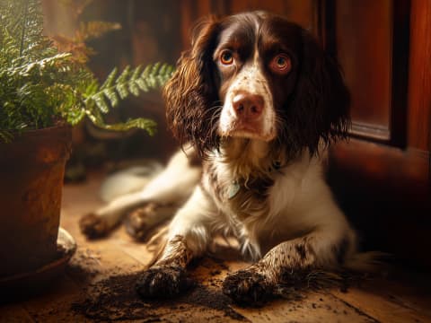 Sunlit Vigil at the Door - A soulful springer spaniel basks in golden afternoon light, captured in warm, cinematic detail.