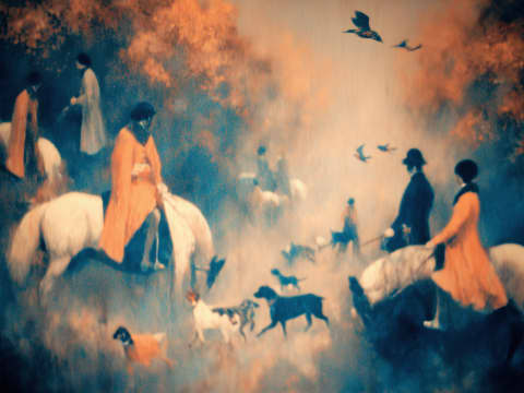 Pastoral Gathering at Dusk - Riders on white horses guide sheep and dogs through a misty autumn landscape beneath flying birds at golden hour.