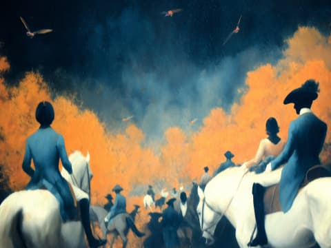 Riders at Dawn - Silhouetted equestrians journey through dramatic orange and blue clouds as birds soar overhead in ethereal light.