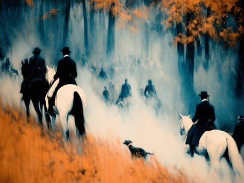 Through Autumn Mist - Riders on horseback with hunting dogs emerge through ethereal fog in a misty autumn forest landscape.