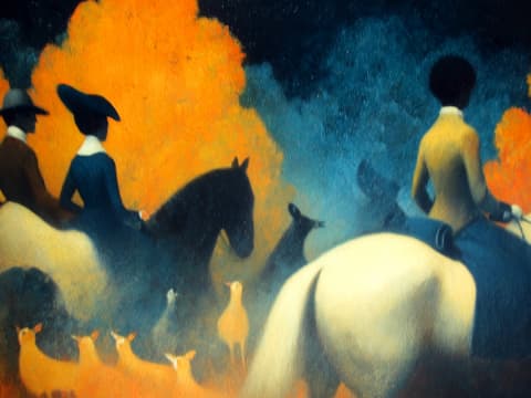 Twilight Riders Among Golden Trees - Silhouetted equestrians journey through a dreamlike landscape where vivid orange foliage meets deep blue atmospheric haze, accompanied by wandering dogs.