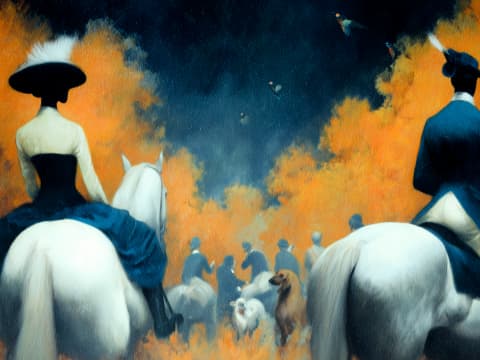 Golden Hour Gathering - Two elegant riders on white horses observe hunters with hounds against dramatic orange and teal clouds in an atmospheric equestrian scene.