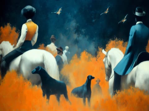Autumn Hunt - Equestrian riders in formal attire traverse vibrant orange fields with hunting dogs, while birds soar overhead in moody skies.