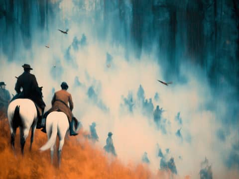 Into the Mist - Three riders on horseback face a vast misty army emerging from ethereal fog, with birds circling overhead in atmospheric light.