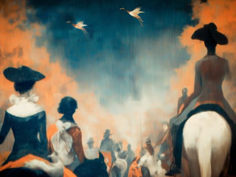 Journey at Dusk - Silhouetted figures on horseback and on foot watch cranes fly overhead beneath dramatic orange and blue clouds.
