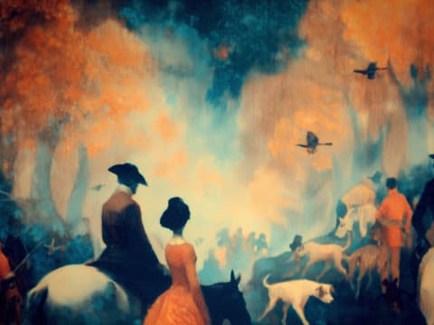 Journey Through Autumn Mist - A dreamlike procession moves through a mystical forest bathed in warm amber and cool turquoise light, where silhouetted figures on horseback traverse a hazy, ethereal landscape.
