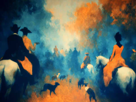 The Autumn Hunt - Riders on white horses lead hounds through misty woodland, silhouetted against orange and blue atmospheric light in a traditional fox hunting scene.