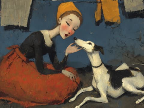 The Washing Line Whisper - A woman in a golden cap and red skirt leans close to her whippet beneath a line of drying laundry, sharing a quiet moment of devotion on a dusky blue afternoon.