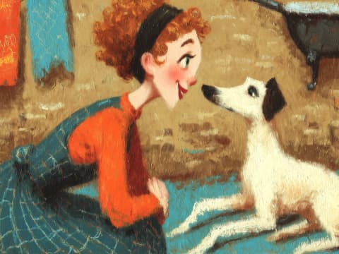 Nose to Nose at Home - A curly-haired woman in a red top leans close to her Jack Russell Terrier on a teal blanket, sharing a tender nose-to-nose moment in the warmth of their living room.