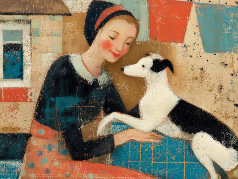 Washing Day Companions - A rosy-cheeked woman cradles her Jack Russell terrier beside a colourful washing line, their shared warmth glowing against weathered cottage walls.