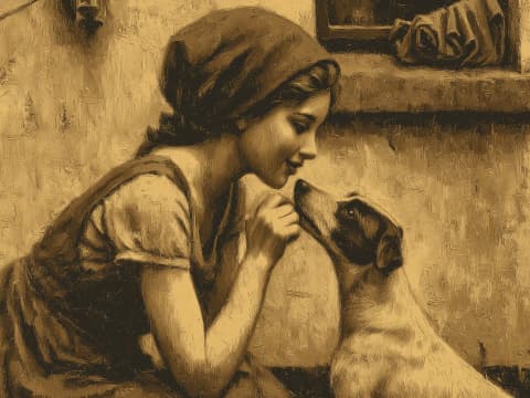 The Kitchen Confidante - A young girl leans close to her faithful pug in a warm domestic scene, their gentle exchange speaking of quiet companionship and trust beyond words.