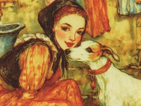 Kitchen Warmth and Faithful Company - A young woman in a patterned blouse and headscarf leans close to her devoted hound in a rustic cottage kitchen, their bond painted in golden, honeyed tones.