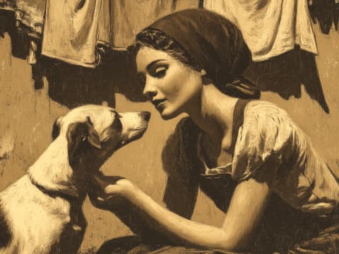 Laundry Day Companion - A young woman pauses from hanging the washing to share a tender moment with her devoted dog, their bond unmistakable in the warm sepia-toned light of a quiet afternoon.