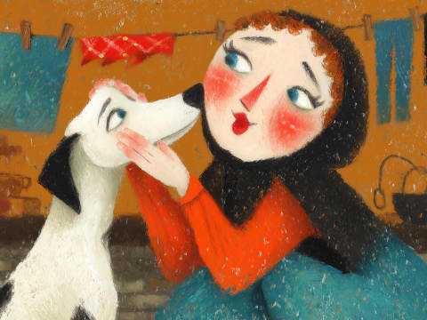 Kitchen Kisses on Wash Day - A white and black dog nuzzles its owner's cheek in a warm kitchen, washing strung above them, rosy cheeks glowing with shared affection and domestic bliss.