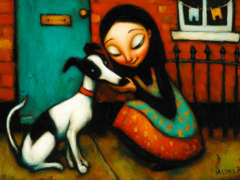 Welcome Home on the Doorstep - A woman kneels on a worn doorstep to embrace her black and white dog, their foreheads touching in a moment of quiet reunion outside a red-brick terraced house.