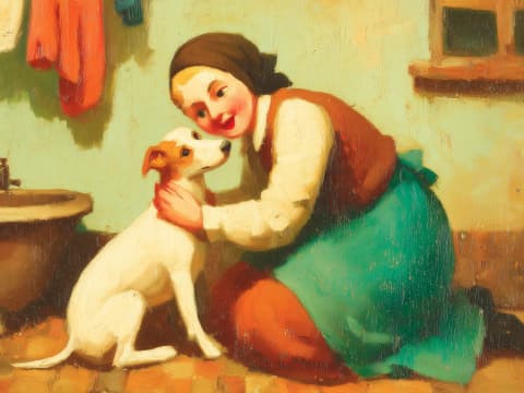 Bath Time Cuddles - A woman kneels beside a tin bath to embrace her small white terrier, their faces close in a moment of tender affection amid the warmth of a humble kitchen.