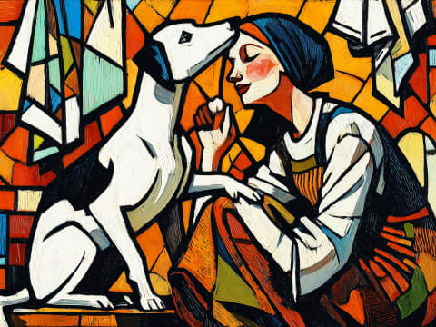The Welcome Home Kiss - A white hound rises on hind legs to greet its owner with an affectionate kiss, rendered in bold cubist stained-glass style with warm amber and orange tones.