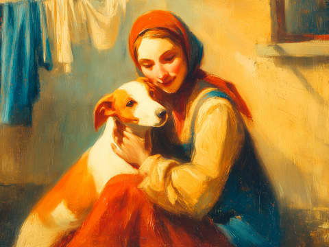 The Washday Companion - A young woman in a red headscarf cradles her loyal hound in the warm light of a humble cottage, laundry drying softly behind them.