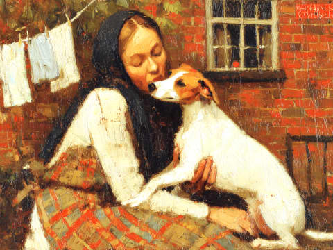 Washing Day Tenderness - A young woman in a dark headscarf cradles her Jack Russell terrier against a sunlit brick cottage, laundry drying on the line behind them in quiet domestic warmth.
