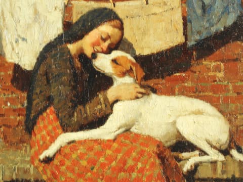 Tender Moment by the Washline - A young woman cradles her white and tan terrier against a sunlit brick wall, laundry drying overhead, lost in a quiet moment of shared warmth and devotion.