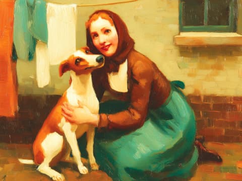 Washday Companion - A young woman in headscarf and teal skirt crouches beside her Jack Russell terrier in a sunlit backyard, laundry drying on the line behind them.