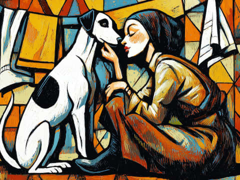 The Tender Kiss Between Friends - A woman leans in to receive a gentle kiss from her adoring white and black dog, their bond captured in bold cubist warmth against a stained-glass backdrop of amber and gold.