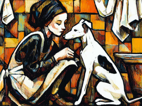 The Gentle Bathing Hour - A tender moment between a woman and her whippet during bath time, rendered in bold expressionist strokes against a warm mosaic of amber and gold.