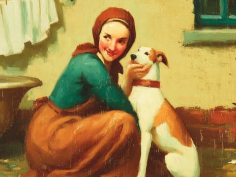 The Washerwoman's Faithful Companion - A young woman in a teal blouse and russet headscarf crouches beside her adoring terrier in a sunlit courtyard, laundry drying behind them in a tender moment of everyday devotion.