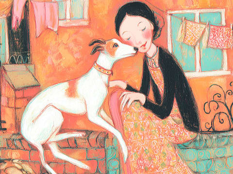 The Kiss on the Doorstep - A whippet stretches up to nuzzle its owner's cheek on a sun-warmed terracotta doorstep, laundry drying overhead in the golden afternoon light.