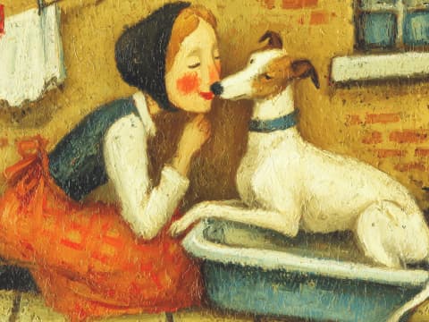 Bath Time Kisses - A tender moment as a woman kneels beside a tin bath, receiving an affectionate lick from her grateful Jack Russell terrier after his wash, washing hanging on the line behind them.