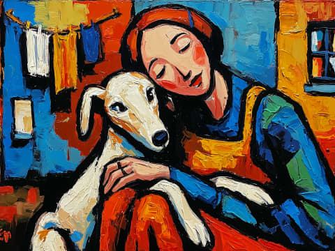Quiet Moment With My Whippet - A woman in a blue blouse cradles her whippet close, eyes softly shut, sharing an intimate moment of stillness against a patchwork of warm reds, deep blues and golden yellows.