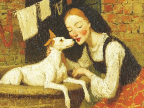 The Washday Kiss - A young woman leans in to receive an affectionate kiss from her white terrier, pausing from her laundry duties amid warm golden light and hanging clothes.