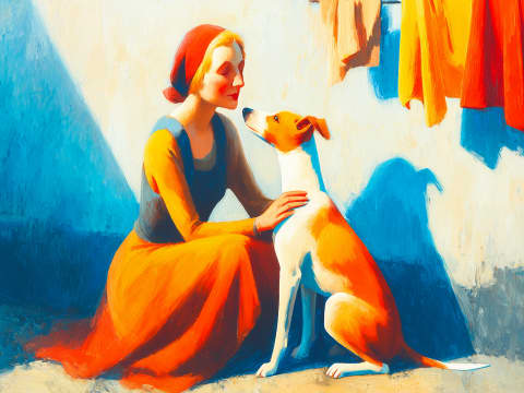 Sunlit Conversation Between Friends - A woman in a flowing orange skirt kneels beside her devoted hound in brilliant Mediterranean light, their bond captured in a moment of quiet mutual adoration.