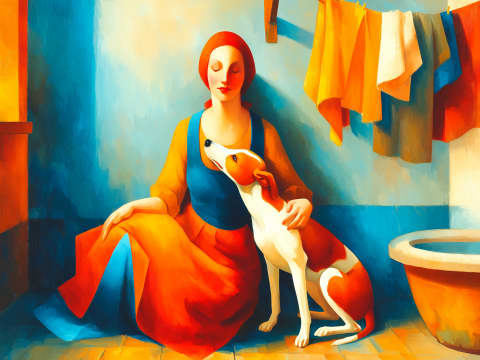 Laundry Day Companion - A woman in a flowing red and gold dress sits beside her devoted hound in a sunlit washroom, sharing a quiet moment amid the colours of daily life.