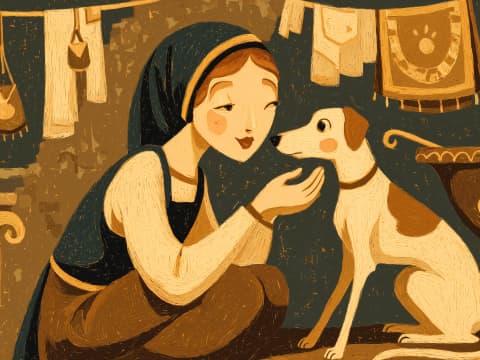 The Artisan's Faithful Companion - A young woman shares a tender moment with her devoted terrier in a warmly lit workshop, surrounded by handcrafted wares and draped textiles in golden amber tones.