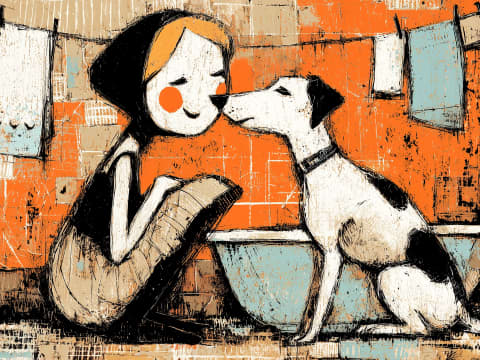 Nose to Nose at Bathtime - A woman and her small white dog share a tender nose-to-nose moment during bathtime, framed in warm oranges and soft blues with expressive brushwork.