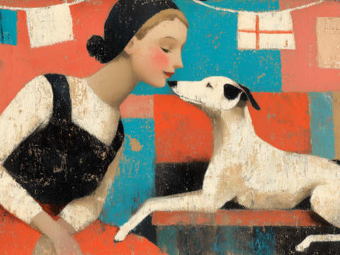 The Quiet Conversation Between Friends - A woman leans in close to her whippet, their noses almost touching, sharing a wordless moment of understanding against a patchwork of coral and teal.