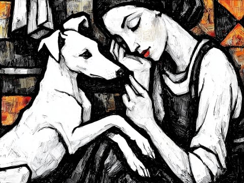 Tender Moment in Amber Light - A woman rests her face against her white terrier in a tender embrace, rendered in bold black-and-white brushwork against warm geometric amber and ochre panels.